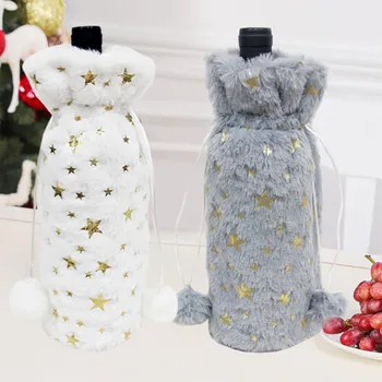 Плюшевая крышка для рождественской бутылки вина в виде снежинки, сумки для бутылок вина с белой звездой и блестками, украшения для рождественской вечеринки, украшения для обеденного стола, сумка для шампанского