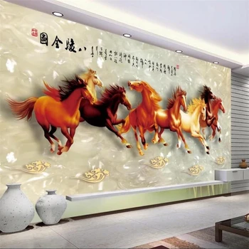 Пользовательские обои 3d papel de pared восемь лошадей, слава, восемь лошадей, резьба по нефриту, фон для телевизора, обои для гостиной, спальни