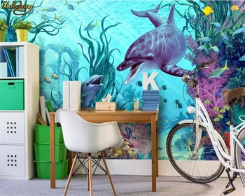 Пользовательские фотообои beibehang большие фрески синий подводный мир морские водоросли золотые и серебряные украшения дельфины детская комната