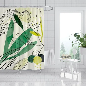 Простая белая занавеска для душа с 3D-принтом, художественным рисунком из зеленых листьев растений, водонепроницаемая полиэфирная занавеска для ванной, фон экрана для ванны