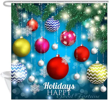 Рождественская занавеска для душа Красочные Рождественские шары Кедровая Снежинка Зеленые Сосновые ветки С Новым Годом Декор ванной комнаты