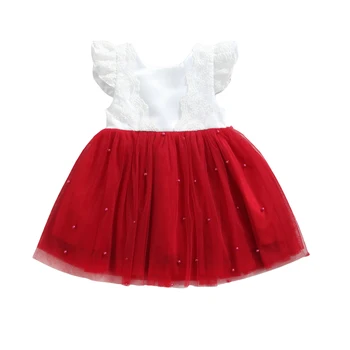 Рождественское сетчатое платье с рукавами-крылышками для маленьких девочек, милый стиль, подходящий по цвету кружевной бант, украшение из искусственного жемчуга, юбка принцессы
