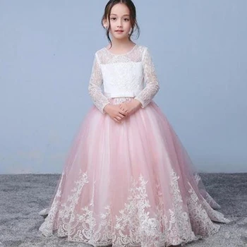 Розовое платье для девочки в цветочек, кружевная аппликация с длинными рукавами и драгоценными камнями для свадебной вечеринки, праздничное платье для девочек