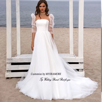 Свадебное платье с длинным рукавом, белое тюлевое пляжное свадебное платье Трапециевидной формы без бретелек, со шлейфом, длиной до пола, сшитое на заказ
