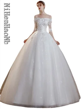 Свадебное платье с открытыми плечами 2023 Элегантное свадебное платье с вырезом лодочкой на шнуровке Бальное платье принцессы класса Люкс Vestido De Noiva