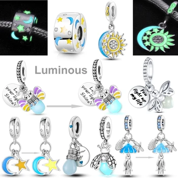 Светящиеся подвески из стерлингового серебра 925 пробы, бусины, светлячок, медуза, лампочка, Звезда, Луна, сияние, подвешенный Оригинальный браслет Pandora, ювелирные изделия