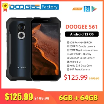 Смартфон Doogee S61 6 ГБ 64 ГБ Android 12 IP68 Водонепроницаемый Мобильный Телефон с Аккумулятором 5180 мАч 6,0-дюймовый Дисплей 20-Мегапиксельная Камера Ночного Видения