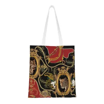 Сумка для покупок с золотым барочным узором, женская холщовая сумка-тоут через плечо, моющаяся Голова леопарда, тропические листья и сумки для покупок на цепочке