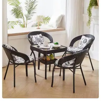 Уличный ротанговый стул из трех частей, круглый стол, сочетание квадратного стола, Современный светлый Роскошный чайный столик и стул на балконе