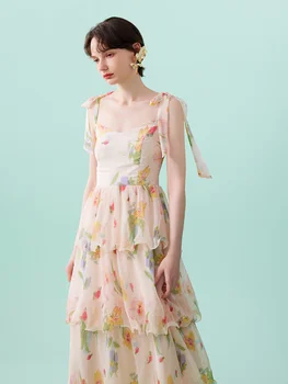 Французское романтическое платье на бретелях с принтом Kikyo, летнее облегающее платье трапециевидной формы средней длины 