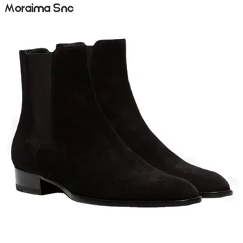 Черные замшевые простые ботинки Челси, мужские кожаные модные ботильоны с острым носком, повседневные ботинки в стиле Хай-стрит в британском стиле