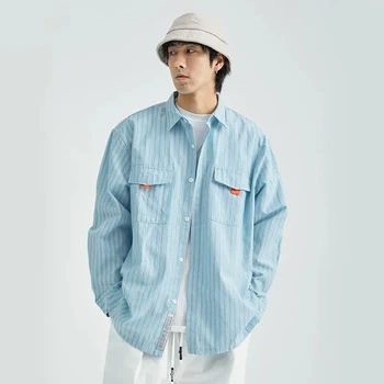 Японская полосатая рубашка мужская синяя свободная новая дикая с длинными рукавами обычная ретро-одежда унисекс студенческий топ